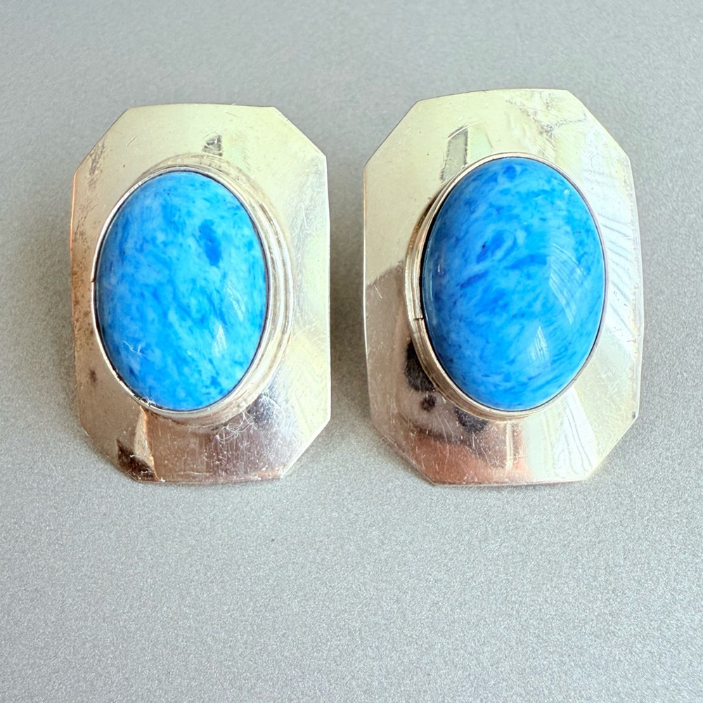 Native American Navajo E. & M. Teller Sodalite Stud Sterling Silver Earrings